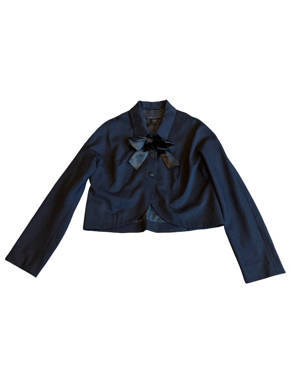 Marc Jacobs Black Cropped Wool Jacket Satin Bow Tie Neck Structured Large Womens